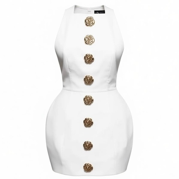 Beston Dresses & Skirts - White Sleeveless Mini Dress With Gold Floral Buttons & Open Back Design